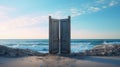 Conceptual illustration of two closed doors on the beach