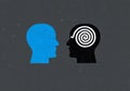 Conceptual illustration of two human profiles facing each other with spiral in one head symbolizing hypnosis, control, or Royalty Free Stock Photo