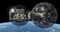 Conceptual illustration of two spherical space stations orbiting earth showcasing futuristic technology and design Royalty Free Stock Photo