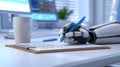 A conceptual image of AI taking over office work, showing a robot at a desk with documents labeled with AI letters Royalty Free Stock Photo