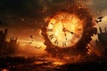 Conceptual image of big clock burning in fire. Time concept, Time getting destroyed, AI Generated