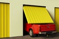 A conceptual image of a big pickup truck that does not fit in the garage