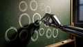 A metallic robot hand drawing perfect and imperfect circles with chalk on a green chalkboard. Royalty Free Stock Photo