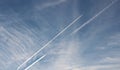 Conceptual image of bright blue skies with jet streams and flock of birds migrating South for the Winter Royalty Free Stock Photo