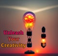 A conceptual image, A Bright Idea, with message unleash your creativity power, generated by AI.