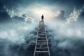 Conceptual image of a businessman standing on the top of a ladder over clouds, Choose the right ladder to reach the goal, AI Royalty Free Stock Photo