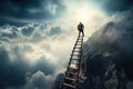 Conceptual image of businessman standing on the top of the mountain, Choose right ladder to reach the goal, AI Generated Royalty Free Stock Photo