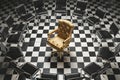 Conceptual image circular arrangement of black chairs, singular golden plush office chair