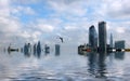 Conceptual image of the city of london with buildings flooded due to global warming and rising sea levels and gulls Royalty Free Stock Photo