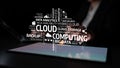 Conceptual image of cloud computing technologies including data storage, analytics, security, and deployment within a Royalty Free Stock Photo