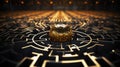 A conceptual image of a complex maze with golden edges and a central glowing sphere, symbolizing challenge and solution.