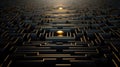 A conceptual image of a complex maze with golden edges and a central glowing sphere, symbolizing challenge and solution.