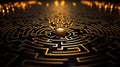 A conceptual image of a complex maze with golden edges and a central glowing sphere, symbolizing challenge and solution.