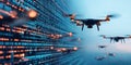 conceptual image of cybersecurity depicted as swarm of drones and digital data