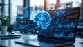 A conceptual image depicting artificial intelligence analyzing big data through floating interactive dashboards
