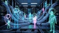 Digital Humanoids in Server Room with Fiber Optics, Futuristic Data Network Concept Royalty Free Stock Photo