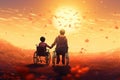 Conceptual image of disabled person in wheelchair with his father at sunset, A mother with an incapacitated boy in a wheelchair