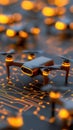 conceptual image of drones on glowing circuit board, symbolizing cybersecurity