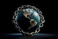 Conceptual image of the Earth encircled by a chain, symbolizing environmental issues or geopolitical constraints, on dark backdrop Royalty Free Stock Photo