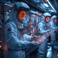 Conceptual image featuring astronauts interacting with advanced tech in space Astronaut operates glowing, holographic