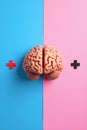 A conceptual image featuring a human brain divided by a pink and blue background Royalty Free Stock Photo