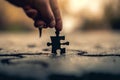 Close up image of human hand placing jigsaw puzzle piece on the ground Royalty Free Stock Photo