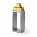 Stacked Golden Cubes Balanced on a Brushed Metal Rectangular Frame on a White Background Royalty Free Stock Photo