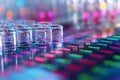 Glass vials on a glowing digital surface with data, representing genetic engineering and science. Royalty Free Stock Photo
