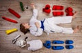 Conceptual image flat lay style of a little karateka girl surrounded by her equipment necessary for training and competition