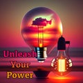 A conceptual image, A Bright Idea, with message unleash your creativity power, generated by AI.