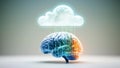 conceptual image of glowing human brain formed by binary code streams connected to luminous cloud, symbolizing fusion of
