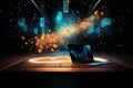 Conceptual image with glowing laptop on wooden table. 3d rendering, futuristic workspace with sparkling particles floating out of