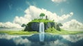 Conceptual image of green island with trees and waterfalls. Fantasy island with trees and waterfalls. 3d illustration. Fantasy lan