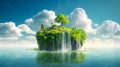 Conceptual image of green island with trees and waterfalls. Fantasy island with trees and waterfalls. 3d illustration. Fantasy lan