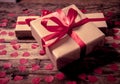 Conceptual image of Happy Saint valentines day wrapped gifts and red hearts on wooden vintage table