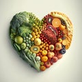 Heart of fresh fruits and vegetables. Heart health concept created with Generative AI technology Royalty Free Stock Photo
