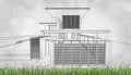 Conceptual image of house perspective render. 3D wireframe rendering with light blurred bokeh background. Vector