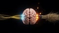 Conceptual image of human brain connected to cables on one side and burning wires Royalty Free Stock Photo