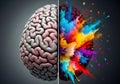 Conceptual image of human brain split into logical left hemisphere and colorful creative right hemisphere explodes with Royalty Free Stock Photo