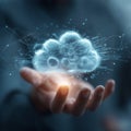 Human Hand Presenting Glowing Cloud Computing Core with Digital Network Technology Royalty Free Stock Photo