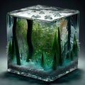 Conceptual image of a ice cube with a lush forest inside. Concept of ecology, sustainability, conservation and preservation of Royalty Free Stock Photo