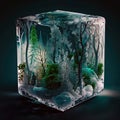 Conceptual image of a ice cube with a lush forest inside. Concept of ecology, sustainability, conservation and preservation of Royalty Free Stock Photo