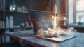 Conceptual image of a laptop with a rocket launch smoke trail. Creative depiction of startup growth and technology boom