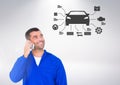 Conceptual image of mechanic talking on mobile phone while looking at car sign