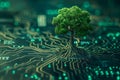 Conceptual image of a miniature tree growing on the surface of a computer board, the roots of which are integrated into