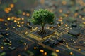 Conceptual image of a miniature tree growing on the surface of a computer board, the roots of which are integrated into