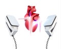 Conceptual image of the model heart and the discharge of defibrillation on a white background. 3d illustration