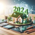 Conceptual image of New Year 2024 with eco-friendly house with solar panels and windmills, generative ai