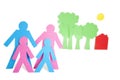 Conceptual image of paper cut out shapes representing a family with trees and house over white background Royalty Free Stock Photo