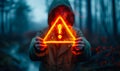 Conceptual image of a person holding a floating exclamation mark in a warning triangle, symbolizing caution, alertness, and Royalty Free Stock Photo